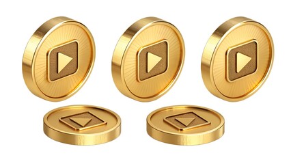 set of shiny gold video movie play 3d icon isometric isolated transparent.