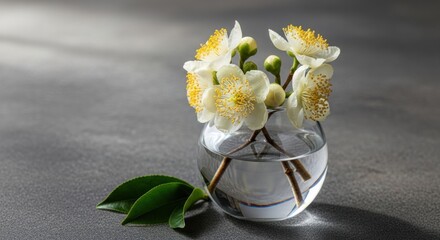 Elegant vase with white flowers and green leaves on a gray surface, creating a serene and minimalist floral arrangement