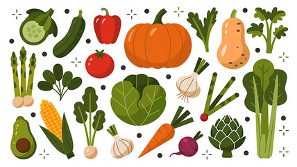 Fototapeta premium A vibrant collection of fresh, healthy vegetables in a charming, whimsical digital illustration, perfect for promoting healthy eating concepts and culinary designs