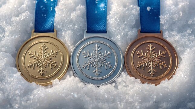 Gold, silver and bronze medals with snowflake design lying on snow, symbol of Winter Olympics awards, international sport competition, victory and athletic achievement