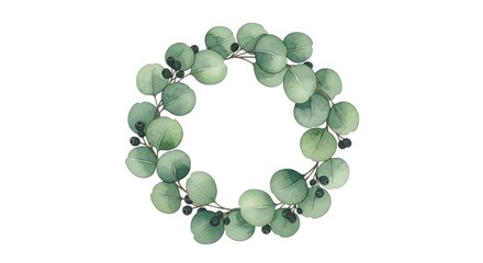 Watercolor wreath of eucalyptus leaves isolated on white background, creating a delicate and natural decorative element