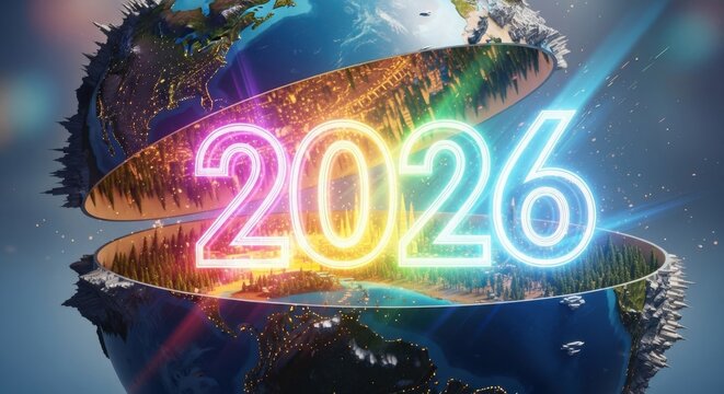 Futuristic Digital Globe with Bright 2026 Neon Numbers in Space Environment