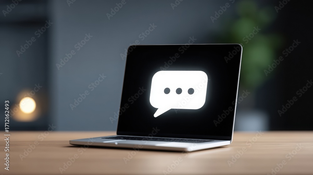 Poster a sleek laptop displays a messaging icon on its screen, symbolizing communication and connectivity i