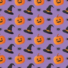 Happy Halloween seamless pattern with Jack o Lantern pumpkins, cute spiders and witch's hats. Autumn season vector illustration.