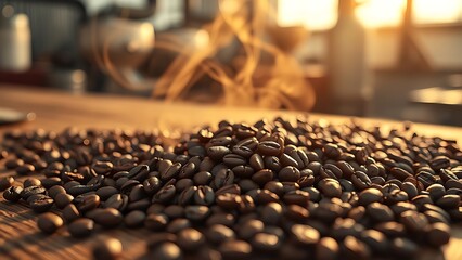 Freshly roasted coffee beans on wood with aromatic steam in warm directional light.