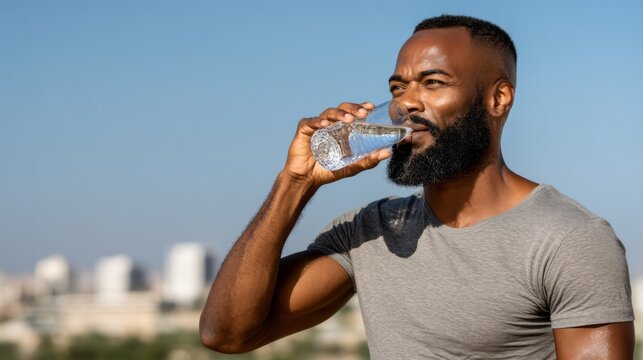 Man enjoying hydration in an urban setting during a sunny day