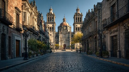 Majestic View of Cathedral in Morelia, Mexico Surrounded by Historic Buildings