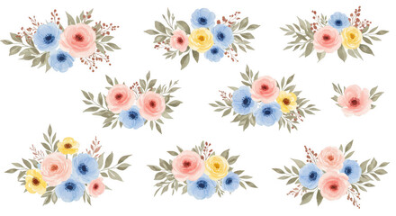 Obraz premium Floral Symphony: Watercolor floral arrangements bloom with life, each petal and leaf meticulously painted to evoke the delicate beauty and vibrancy of the botanical world.