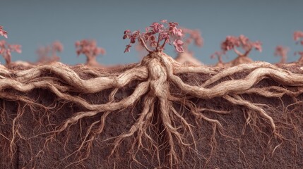 Intricate Root System Supporting Saplings, Revealing Interconnectedness