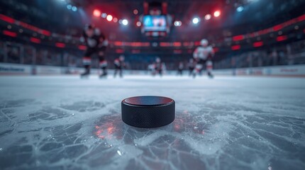Close up of black hockey puck on ice rink with blurred players in background, symbol of Winter Olympics sport competition, professional game and international championship
