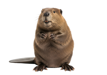 A full shot of a beaver, positioned centrally against a black backdrop, displays a neutral, alert expression.