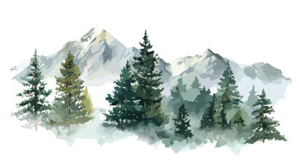 Fototapeta premium Serene Watercolor Landscape with Mountains and Spruce Trees Border