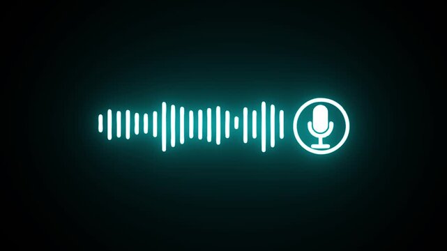 Cyan neon microphone icon and sound wave equalizer glowing on a dark background audio voice