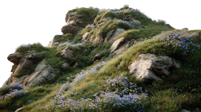 Rocky Hillside Covered in Moss and Small Flowers