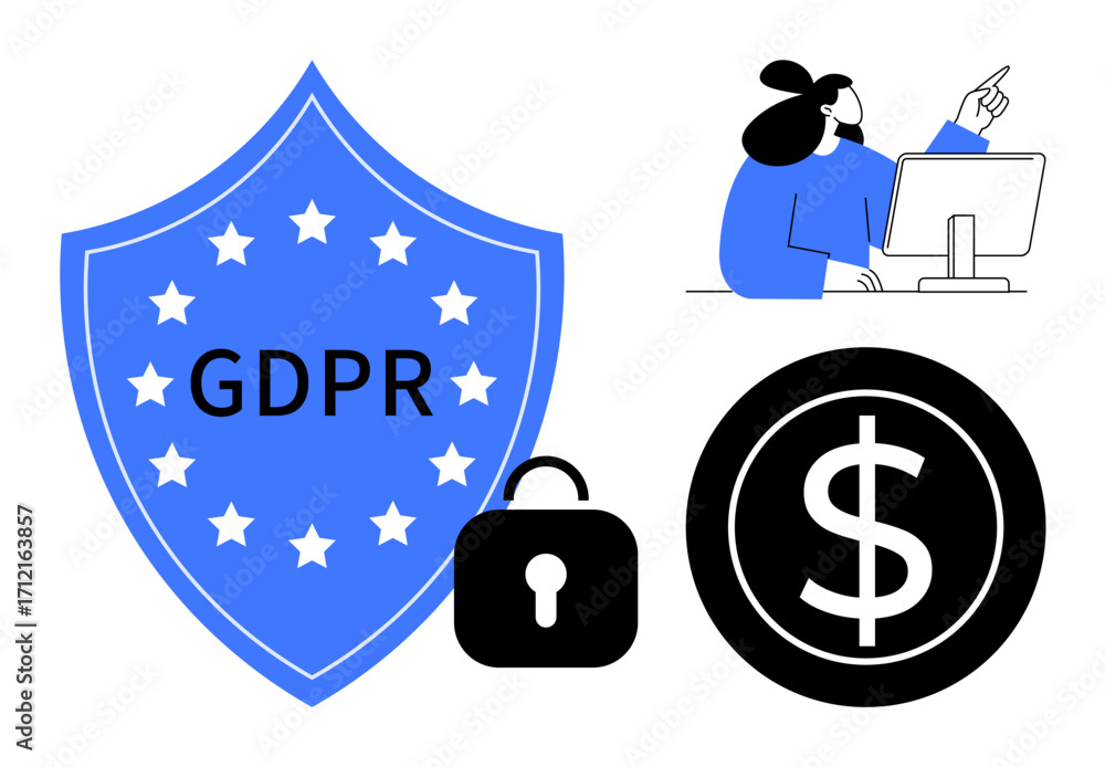 Poster shield displaying gdpr, lock representing security, dollar sign symbolizing financial aspects, and f