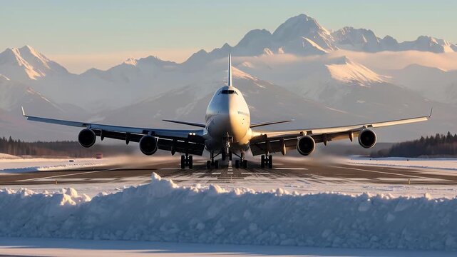 Boeing 747 on a snowy runway with mountains in the background.