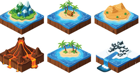 Isometric island set with volcano, desert, snowy mountain, tropical beach, ocean water, game map, adventure landscape, fantasy environment illustration © MstMuktarinaAkter
