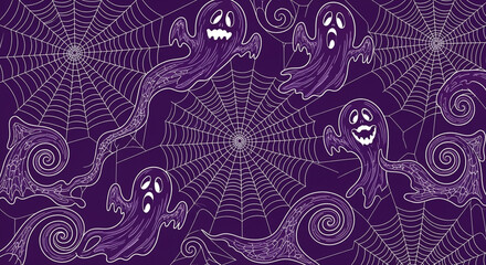 Spooky purple ghosts and cobwebs create a fun, festive Halloween pattern for celebrations