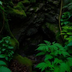 Hidden cave entrance surrounded by moss and ferns in thick jungle.