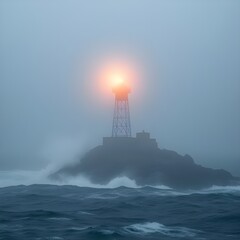 Old lighthouse shining through heavy fog over stormy sea.