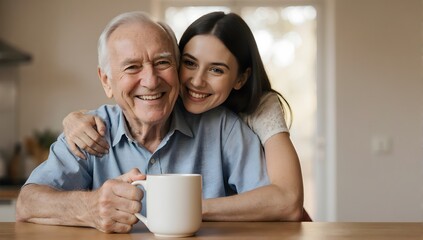Granddaughter hugging elderly grandfather at home table