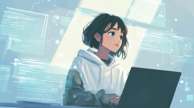 Young woman coding on a laptop in a modern workspace with digital screens in the background