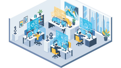 Employees working at computers in modern office with glowing screens and data visualizations, creating a futuristic and productive atmosphere.