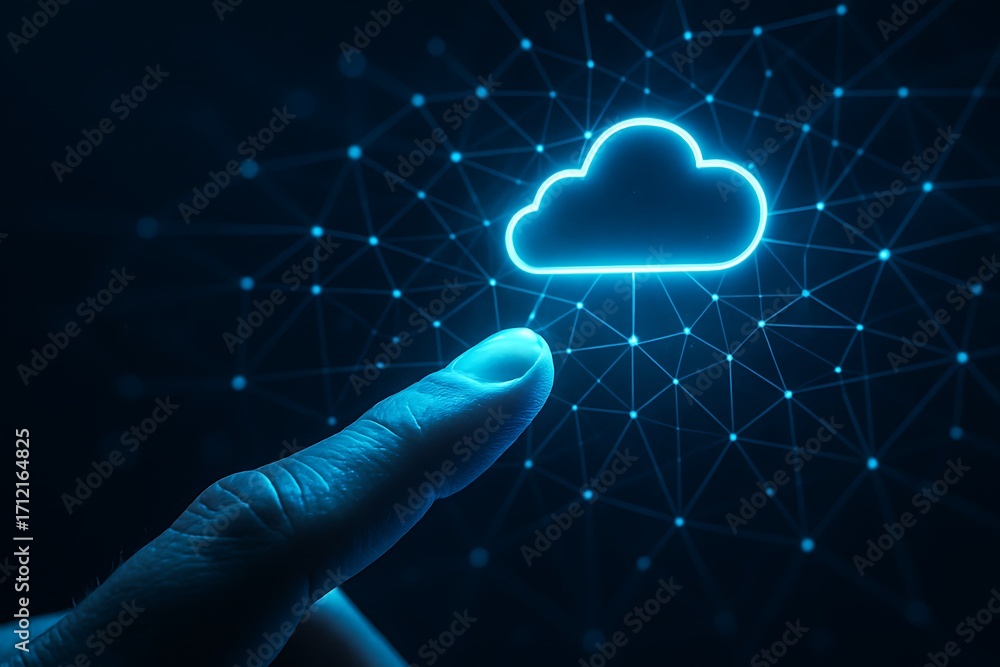 Poster finger interactively touching a luminous cloud icon, symbolizing cutting-edge digital technology, gl