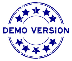 Grunge blue demo version word round rubber seal stamp on white background