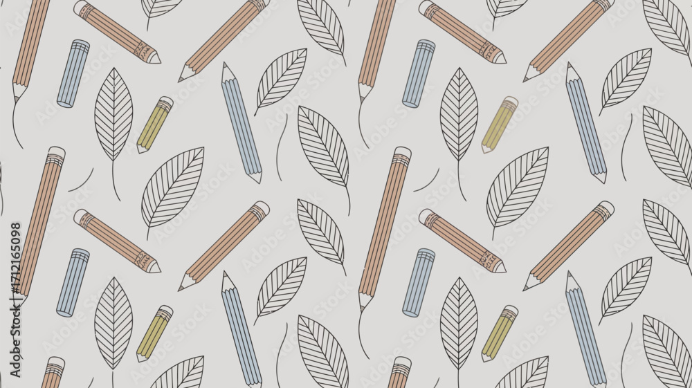 Poster seamless pattern featuring pencils and leaves scattered on a white background in a repeating design