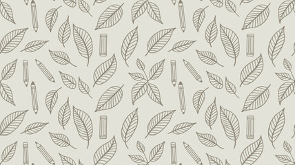 Fototapeta premium Seamless pattern featuring leaves pencils and erasers in a light color palette illustration design art 100