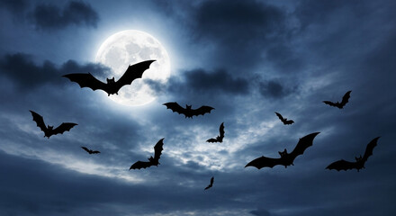 Mysterious bats swarm a full moon on a cloudy, dark night, evoking Halloween and spooky fear