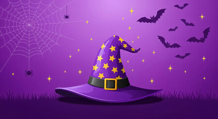 Enchanting purple witch hat with golden stars, spooky bats, and spider webs on a magical night