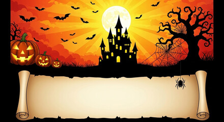 Spooky Halloween castle scene with glowing pumpkins, bats, and a scroll for your text