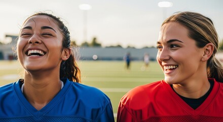 Close-up of female teammates laughing and walking on a soccer field