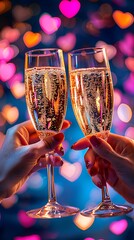 Romantic champagne toast hearts bokeh background celebratory cheers vibrant colors sparkling bubbles
