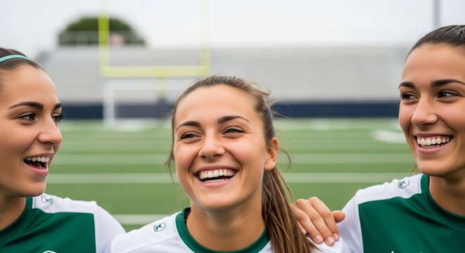 Close-up of female teammates laughing and walking on a soccer field