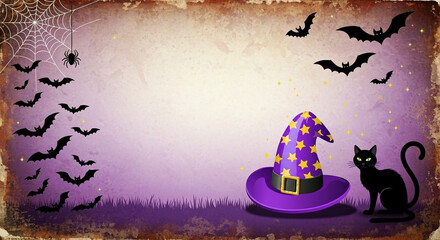 Spooky black cat, witch hat, bats, and spider web create a magical Halloween atmosphere