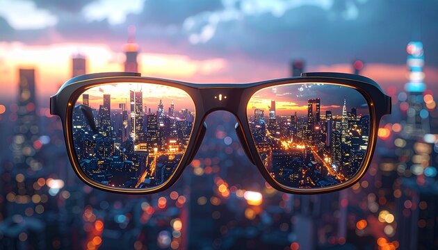 A macro ultra hyper realistic close-up of a sleek, black-and-gold smart glasses with a glowing, holographic cityscape. - Powered by Adobe