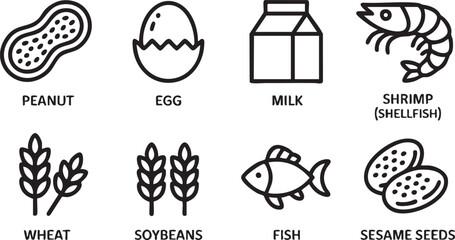 Food Allergy Icons Collection Featuring Peanut Egg Milk and Shrimp
