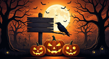 Spooky Halloween scene with glowing pumpkins, bats, and a raven under a full moon.
