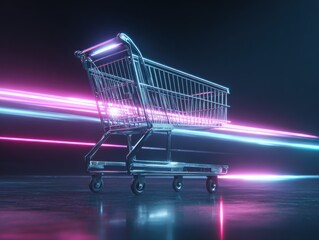 Glistening shopping cart illuminated by vibrant neon lights in a modern setting