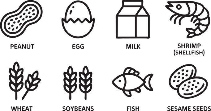 Food Allergy Icons Collection Featuring Peanut Egg Milk and Shrimp