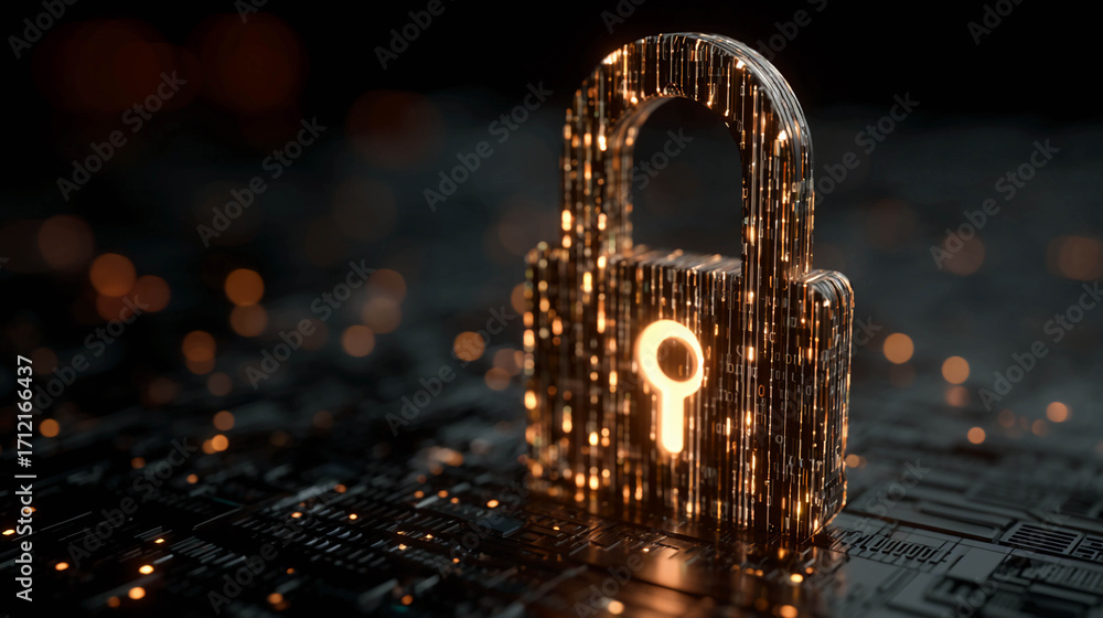 Aufkleber lock on the motherboard. the lock consists of vertical lines resembling a binary code, and it glows 