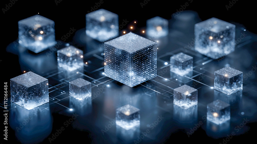 Fototapete luminous transparent cubes arranged on a grid, creating the effect of digital holograms or blockchai