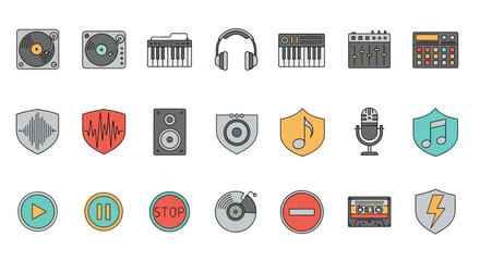 Collection of Audio Visual Equipment and Music Related Icons.