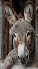 Fototapeta premium Charming watercolor donkey leaning out of a rustic barn