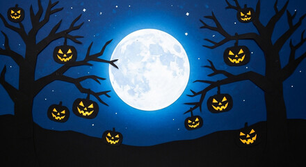Spooky Halloween night with glowing jack-o'-lanterns hanging from bare trees under a full moon