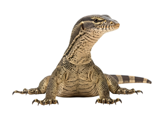 A detailed close-up presentation of a monitor lizard, showcasing its intricate scales and sharp claws against a stark black backdrop.