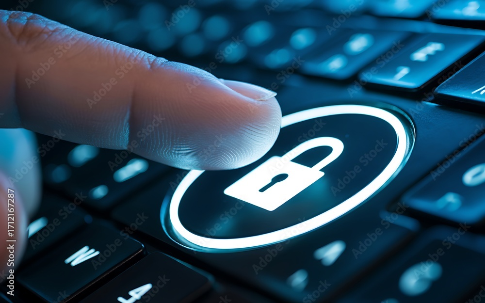 Poster cybersecurity button ensuring data protection and privacy through secure access controls